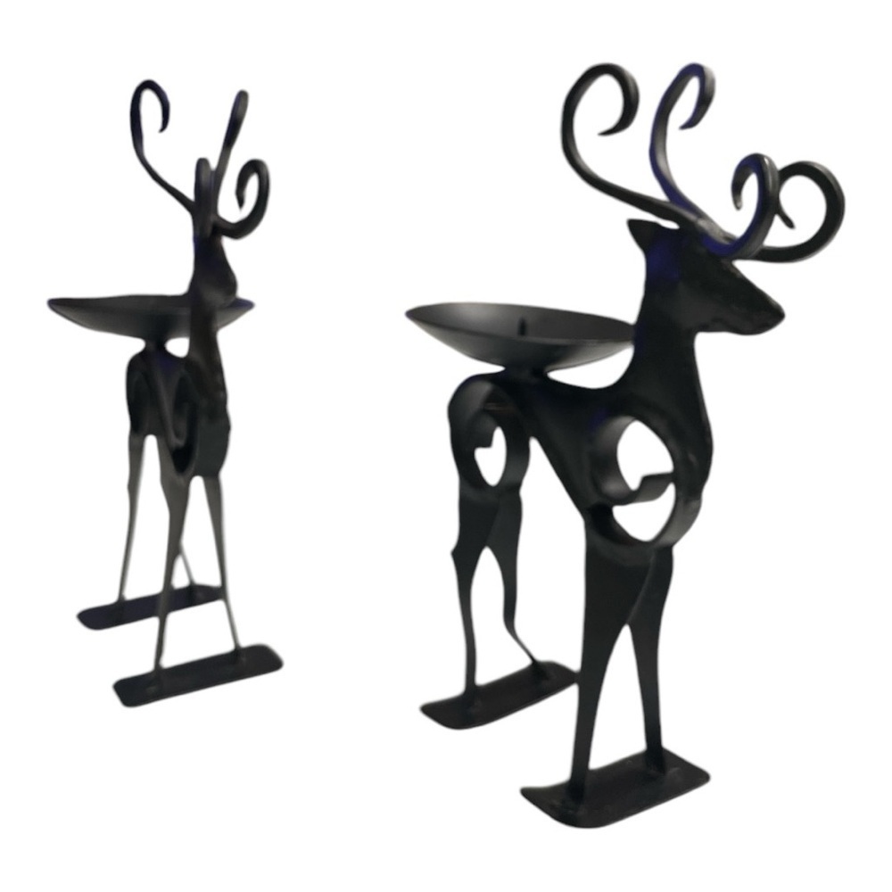 Vintage Black Metal Reindeer Candle Holders Pair Scroll Antlers Holiday Decor - Picture 4 of 9